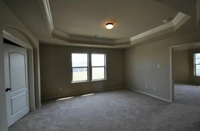 carpeted spare room featuring a tray ceiling and crown molding