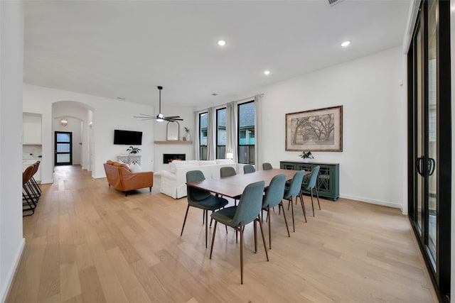 dining area with ceiling fan and light hardwood / wood-style flooring