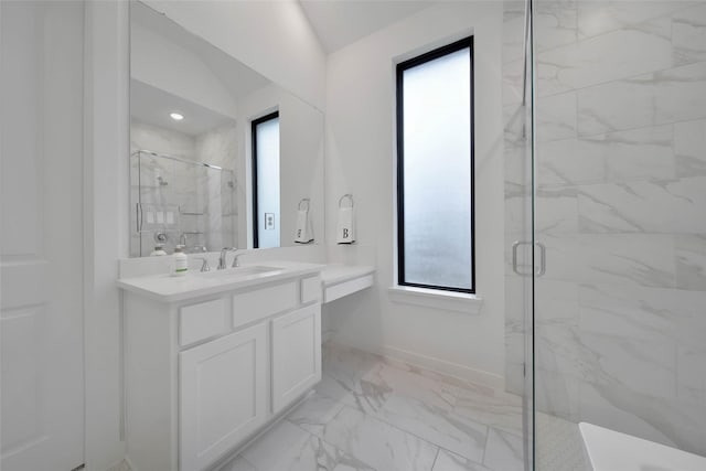 bathroom featuring vaulted ceiling, walk in shower, and vanity