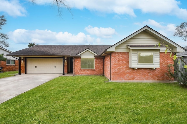 ranch-style home featuring a front lawn and a garage