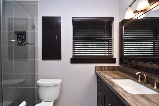 bathroom with toilet, vanity, and a shower