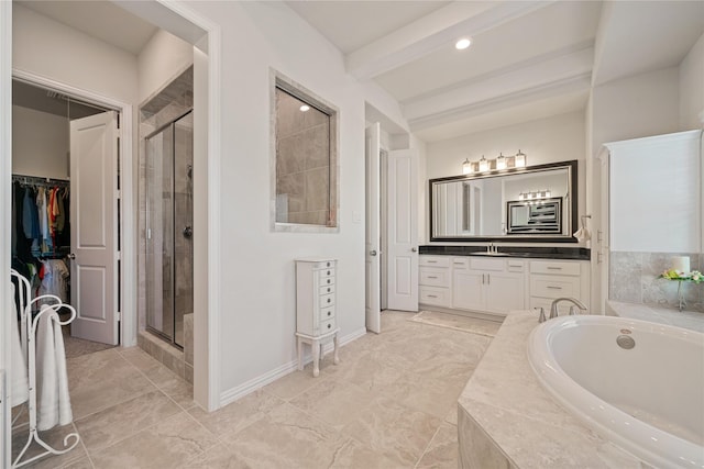 bathroom featuring vanity, beam ceiling, and separate shower and tub