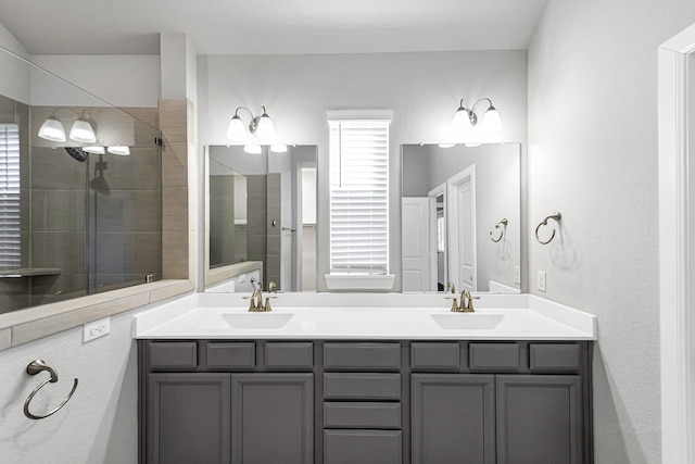 bathroom featuring vanity and a tile shower