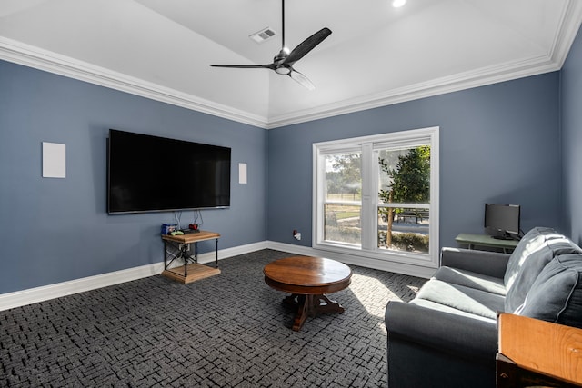 living room featuring ceiling fan, vaulted ceiling, and crown molding