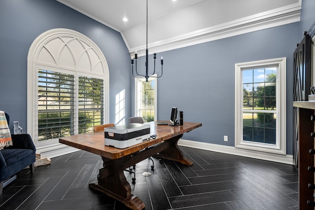 office featuring a barn door, vaulted ceiling, a notable chandelier, dark parquet flooring, and crown molding