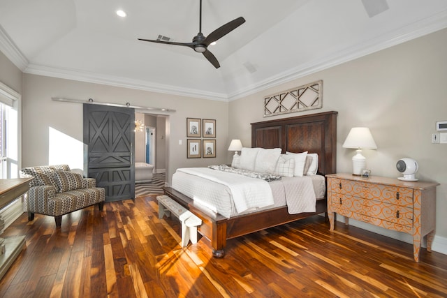 bedroom with lofted ceiling, dark wood-type flooring, ornamental molding, a raised ceiling, and ceiling fan