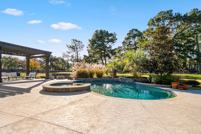 view of swimming pool with a pergola, an in ground hot tub, and a patio