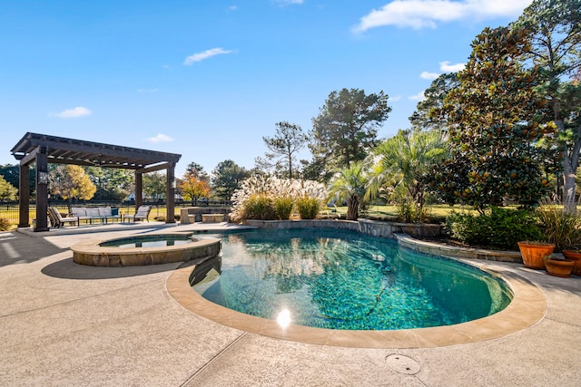 view of swimming pool with an in ground hot tub, a patio, and a pergola