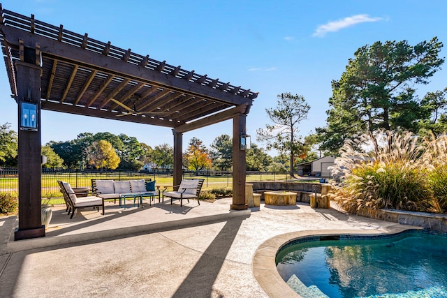 view of pool with an outdoor hangout area, a pergola, a jacuzzi, and a patio