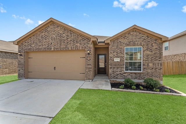 ranch-style house with a front yard and a garage