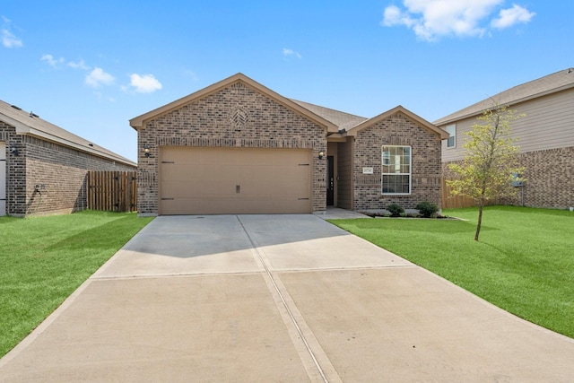 single story home with a front yard and a garage