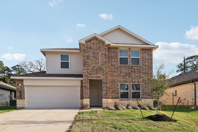 front facade featuring a front lawn, central AC unit, and a garage