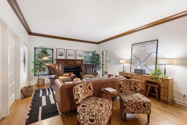 living room featuring crown molding and light hardwood / wood-style floors