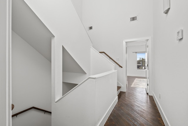 staircase with hardwood / wood-style flooring