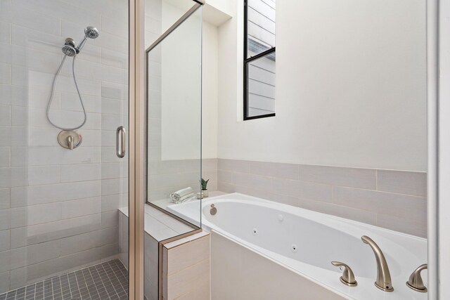 bathroom with shower with separate bathtub