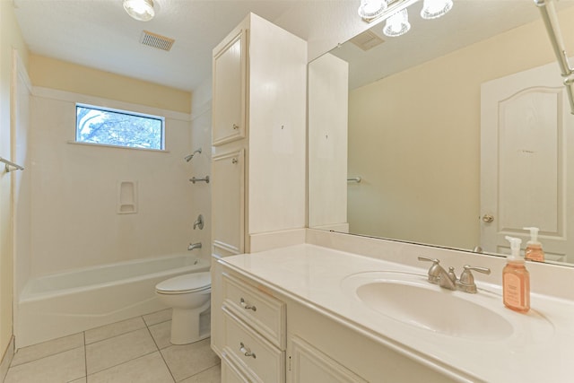 full bathroom featuring toilet, tile patterned floors, vanity, and bathtub / shower combination