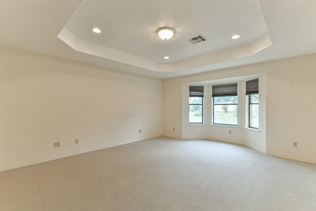 carpeted spare room featuring a tray ceiling and a textured ceiling