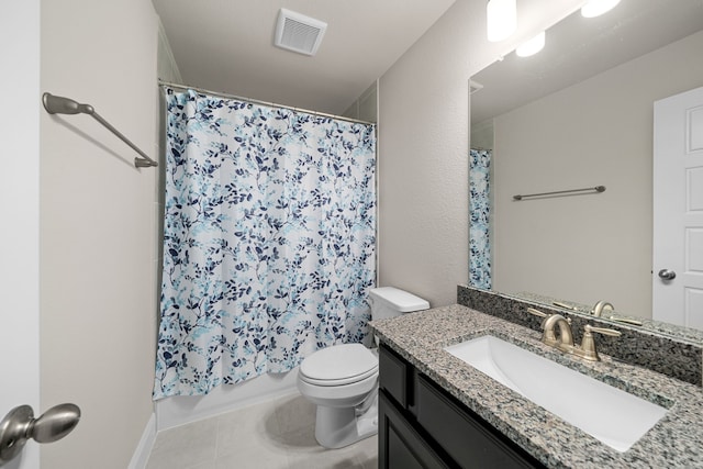 full bathroom with toilet, tile patterned floors, shower / bath combo, and vanity