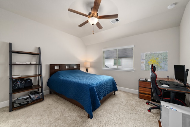 bedroom with light carpet, ceiling fan, and lofted ceiling