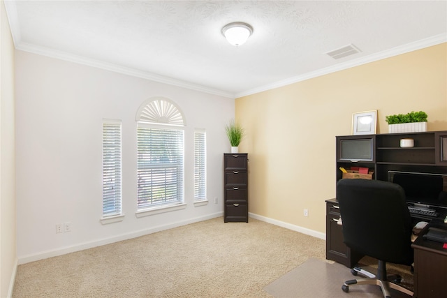 home office featuring light carpet and ornamental molding