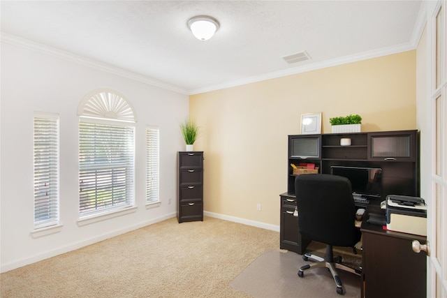 office area with light carpet and ornamental molding