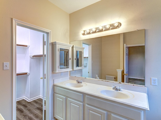 bathroom with toilet, wood-type flooring, and vanity