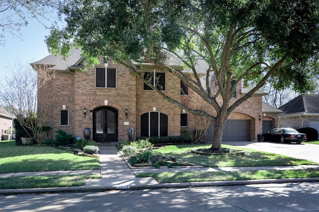 view of front facade featuring cooling unit, french doors, and a front yard