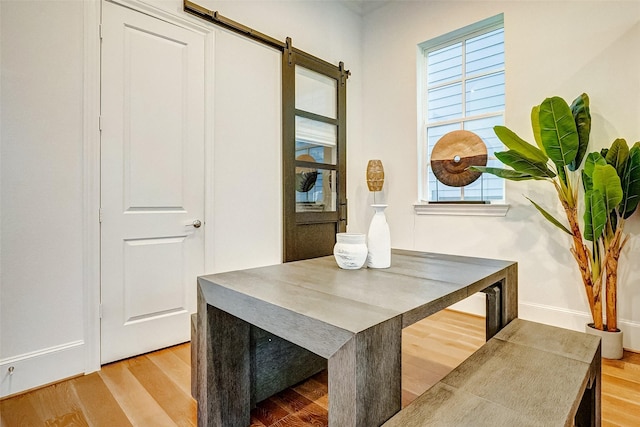 interior space with a barn door and hardwood / wood-style floors