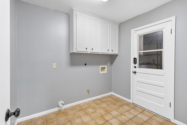 laundry room with cabinets, hookup for a gas dryer, washer hookup, hookup for an electric dryer, and light tile patterned floors