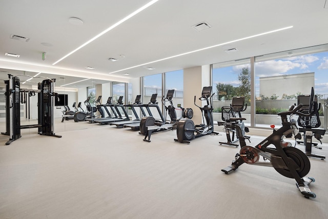 workout area with floor to ceiling windows and visible vents