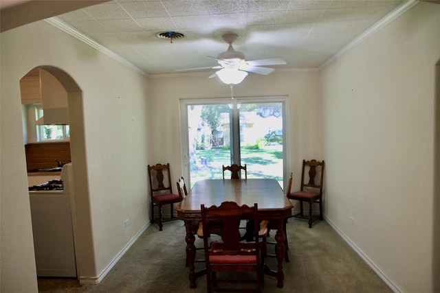 carpeted dining space featuring ceiling fan, sink, and ornamental molding