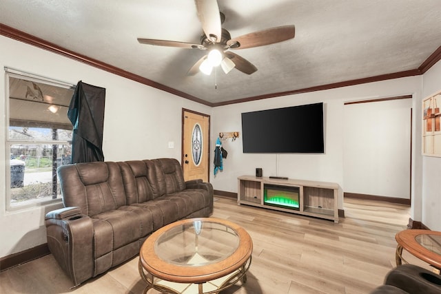 living room with light hardwood / wood-style floors, a textured ceiling, ornamental molding, and ceiling fan