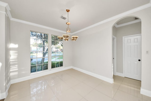 empty room with ornamental molding, tile patterned floors, and a notable chandelier