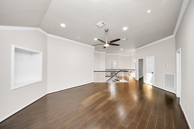 unfurnished living room featuring ceiling fan, lofted ceiling, dark hardwood / wood-style flooring, and ornamental molding