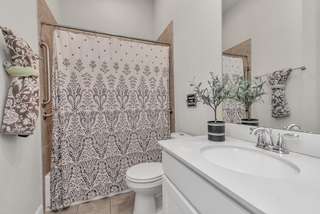 full bathroom with toilet, tile patterned flooring, shower / bath combination with curtain, and vanity