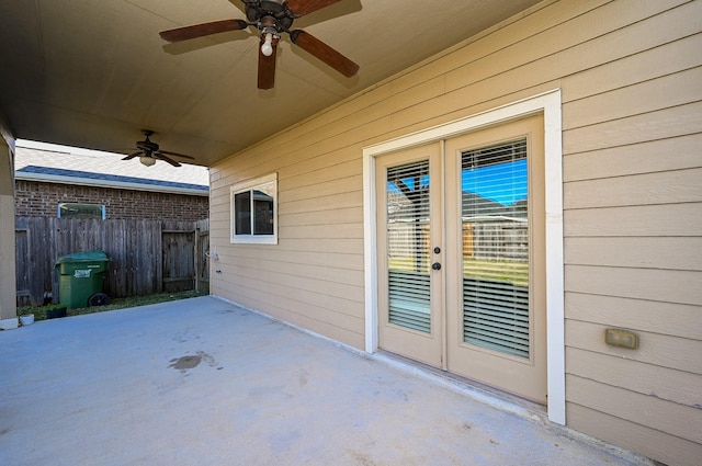 view of patio with ceiling fan and french doors