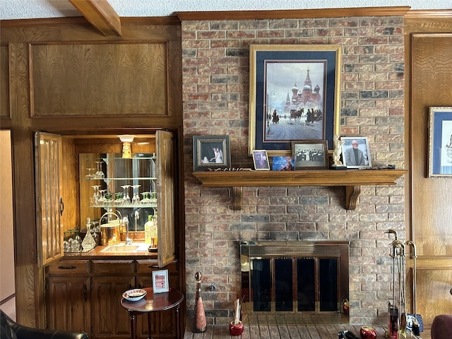 interior space with a fireplace and sink