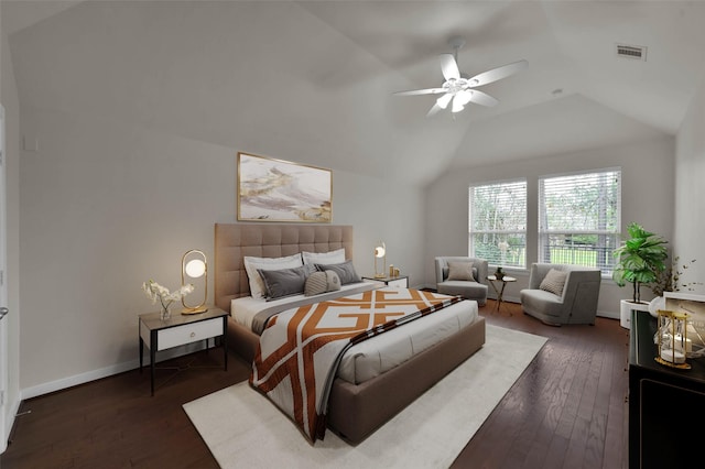 bedroom with vaulted ceiling, dark hardwood / wood-style floors, and ceiling fan