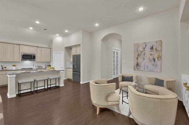 living room featuring sink and dark hardwood / wood-style floors