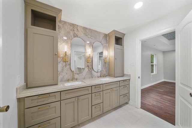 bathroom featuring vanity and hardwood / wood-style flooring