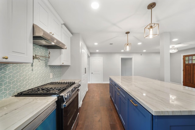 kitchen featuring stainless steel range with gas stovetop, blue cabinets, light stone countertops, pendant lighting, and white cabinets