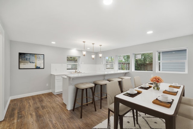 dining area with dark hardwood / wood-style flooring and sink