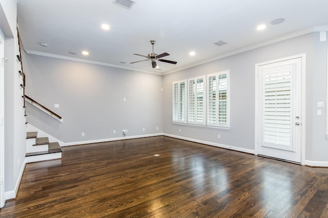 unfurnished living room with ceiling fan, dark hardwood / wood-style floors, and ornamental molding