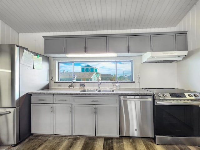 kitchen featuring dark hardwood / wood-style floors, sink, gray cabinetry, and stainless steel appliances