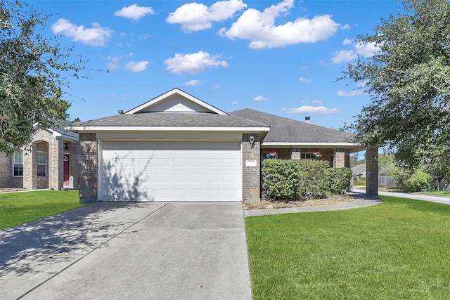 ranch-style home with a front yard and a garage