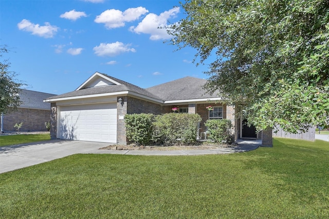 single story home featuring a front yard and a garage