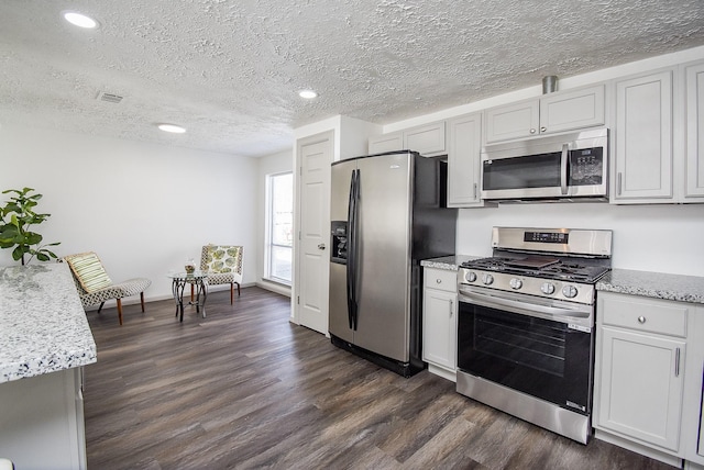 kitchen featuring a textured ceiling, dark wood-type flooring, appliances with stainless steel finishes, and light stone countertops