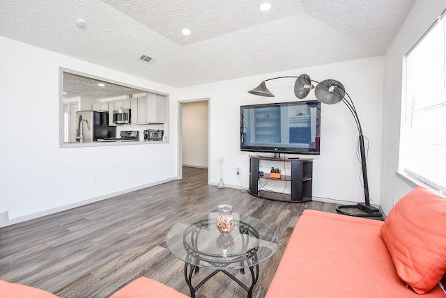 living room with vaulted ceiling, a textured ceiling, and hardwood / wood-style flooring