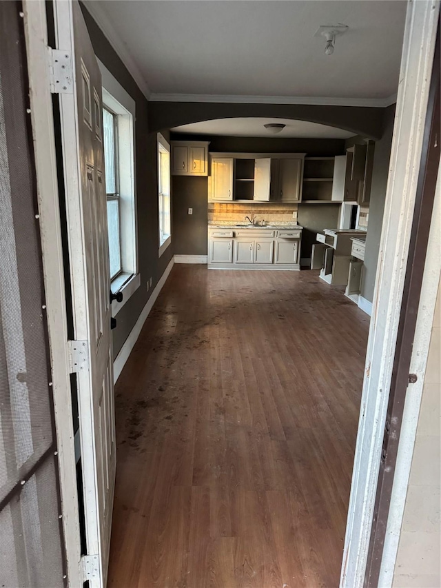 kitchen featuring dark wood-type flooring, ornamental molding, backsplash, and sink