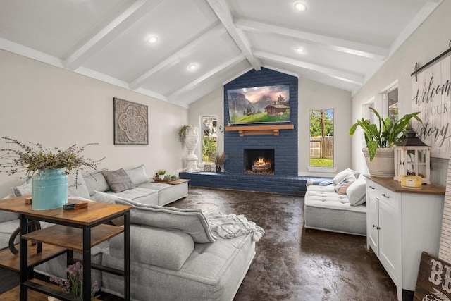 living room featuring a brick fireplace and vaulted ceiling with beams